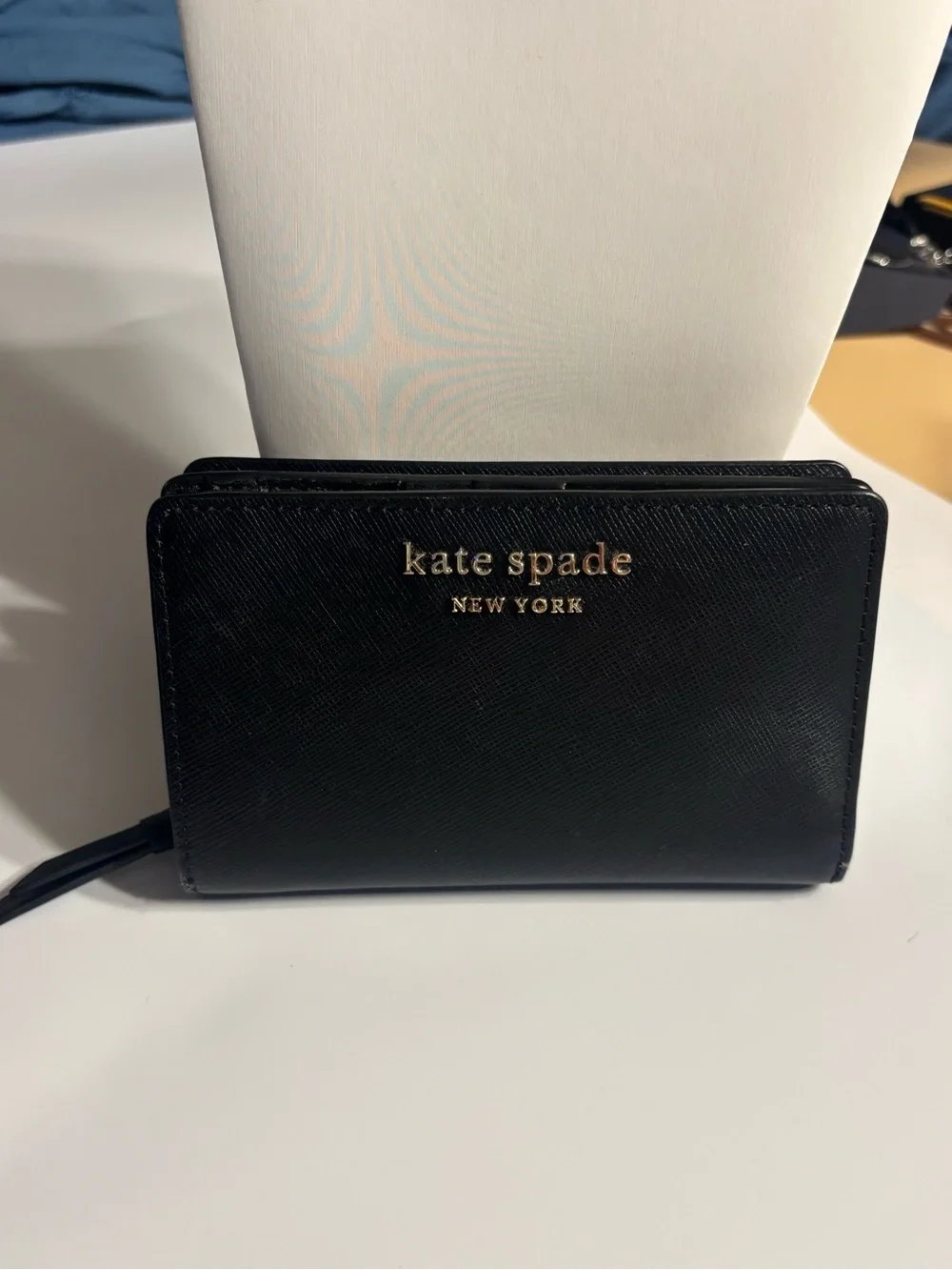 kate spade New York Black Saffiano Zip Wallet with Gold Logo